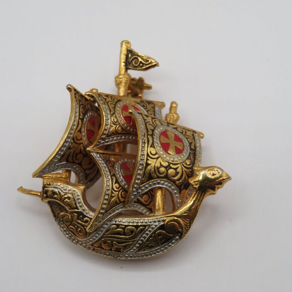 Vintage Damascene Spanish Galleon Ship Brooch - Picture 3 of 7